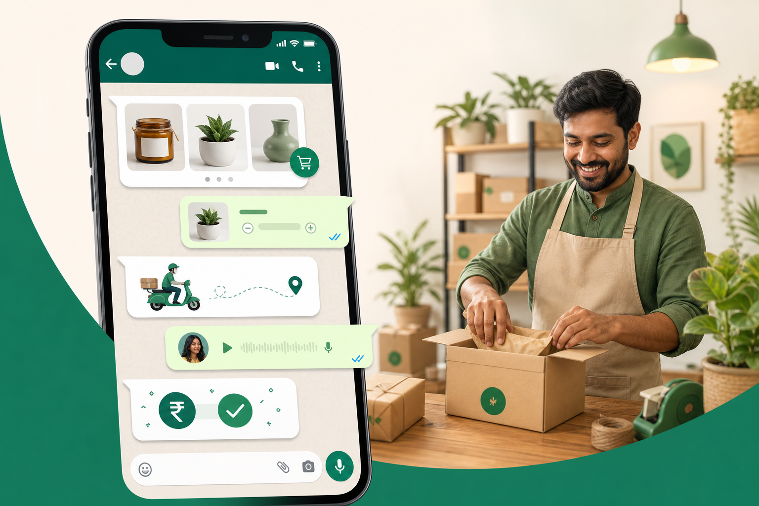 A WhatsApp conversation showing a product catalog, an order, a delivery update on a scooter, a voice note and a payment confirmation — while the shop owner packs the order