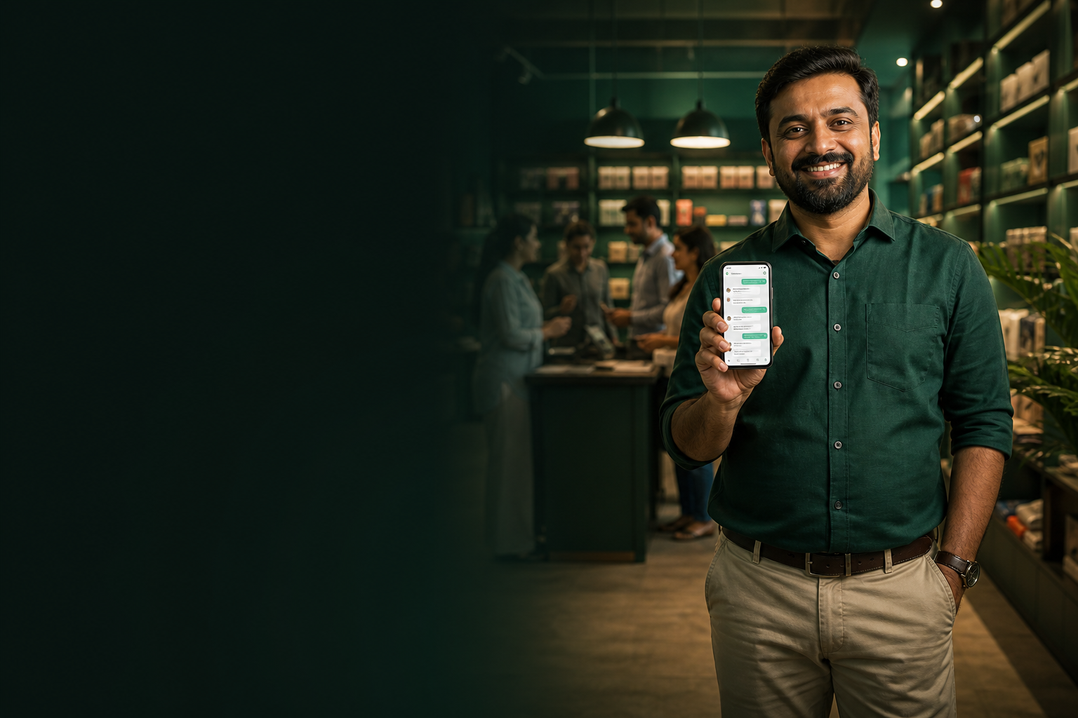 An Indian shop owner showing WhatsApp chat conversations with customers on his phone