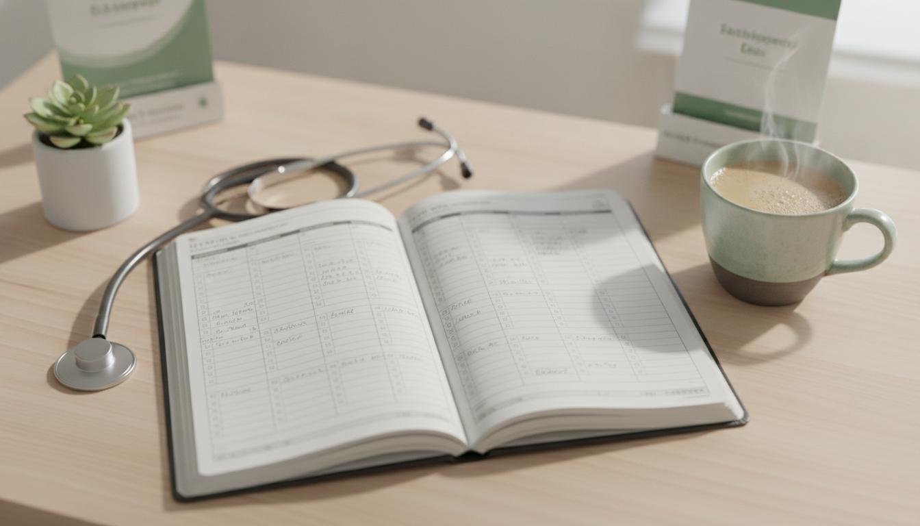 A clinic appointment diary on a tidy front desk with a stethoscope and chai