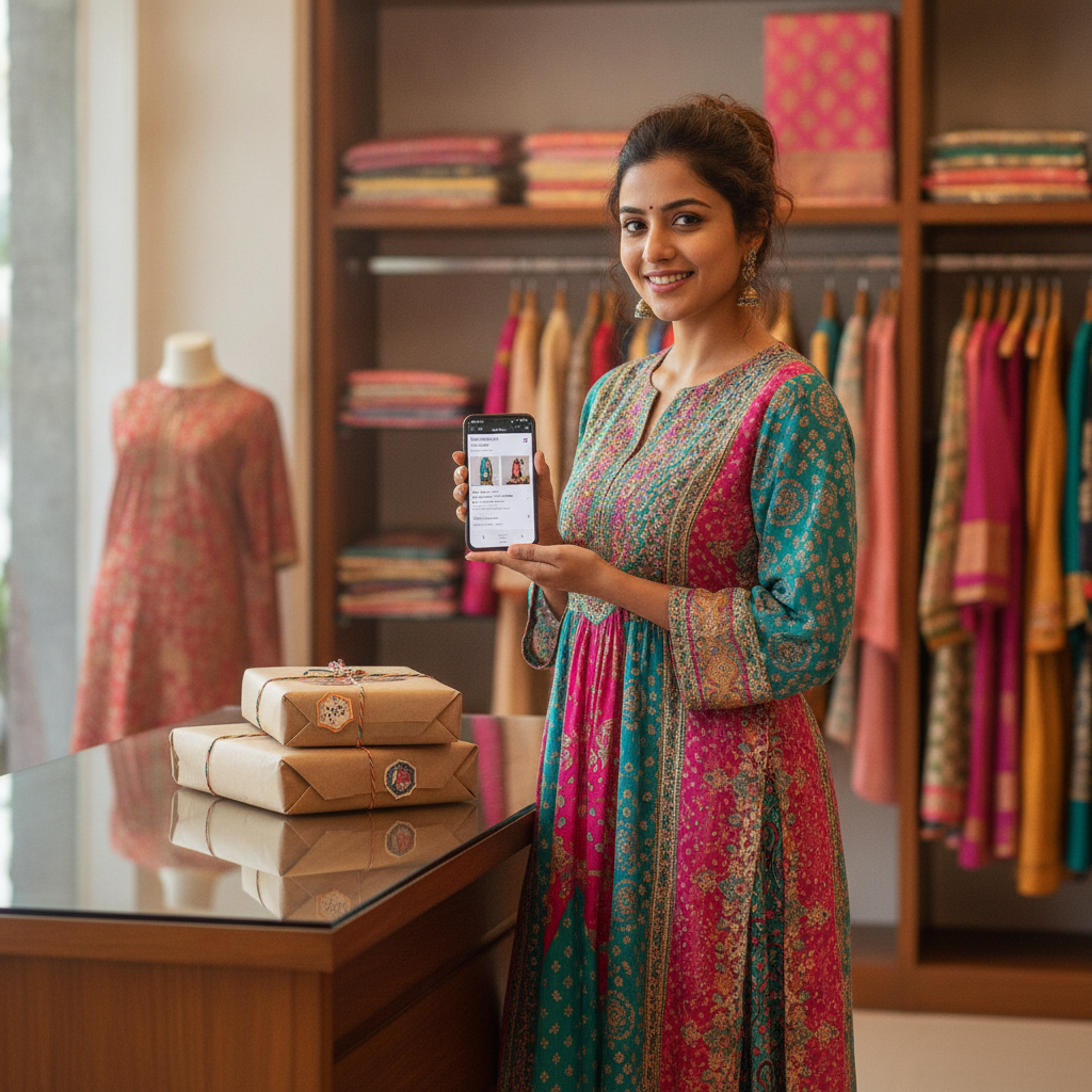 A boutique owner sending a promotional broadcast from her phone