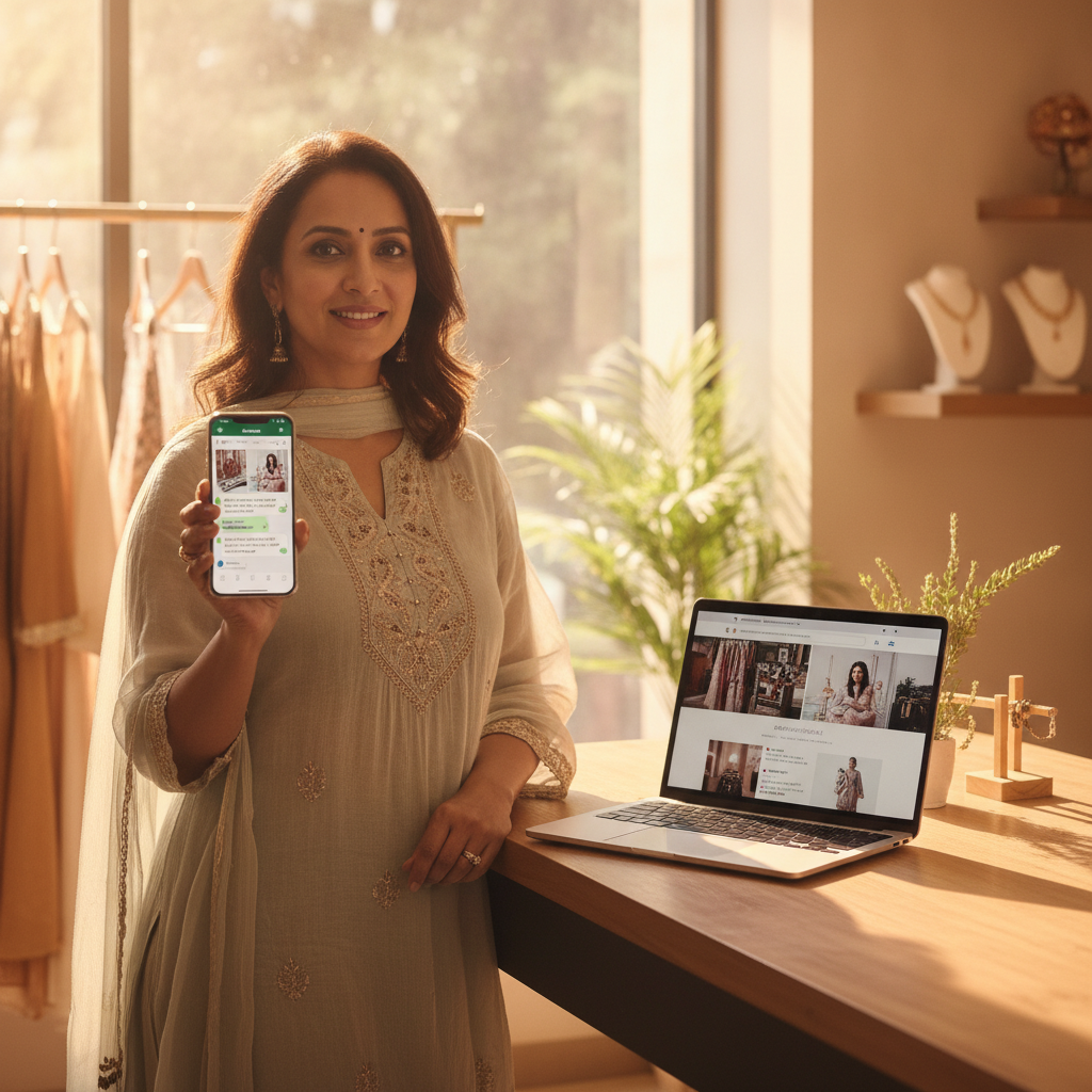 An Indian boutique owner managing her WhatsApp chats and online store from one phone and laptop