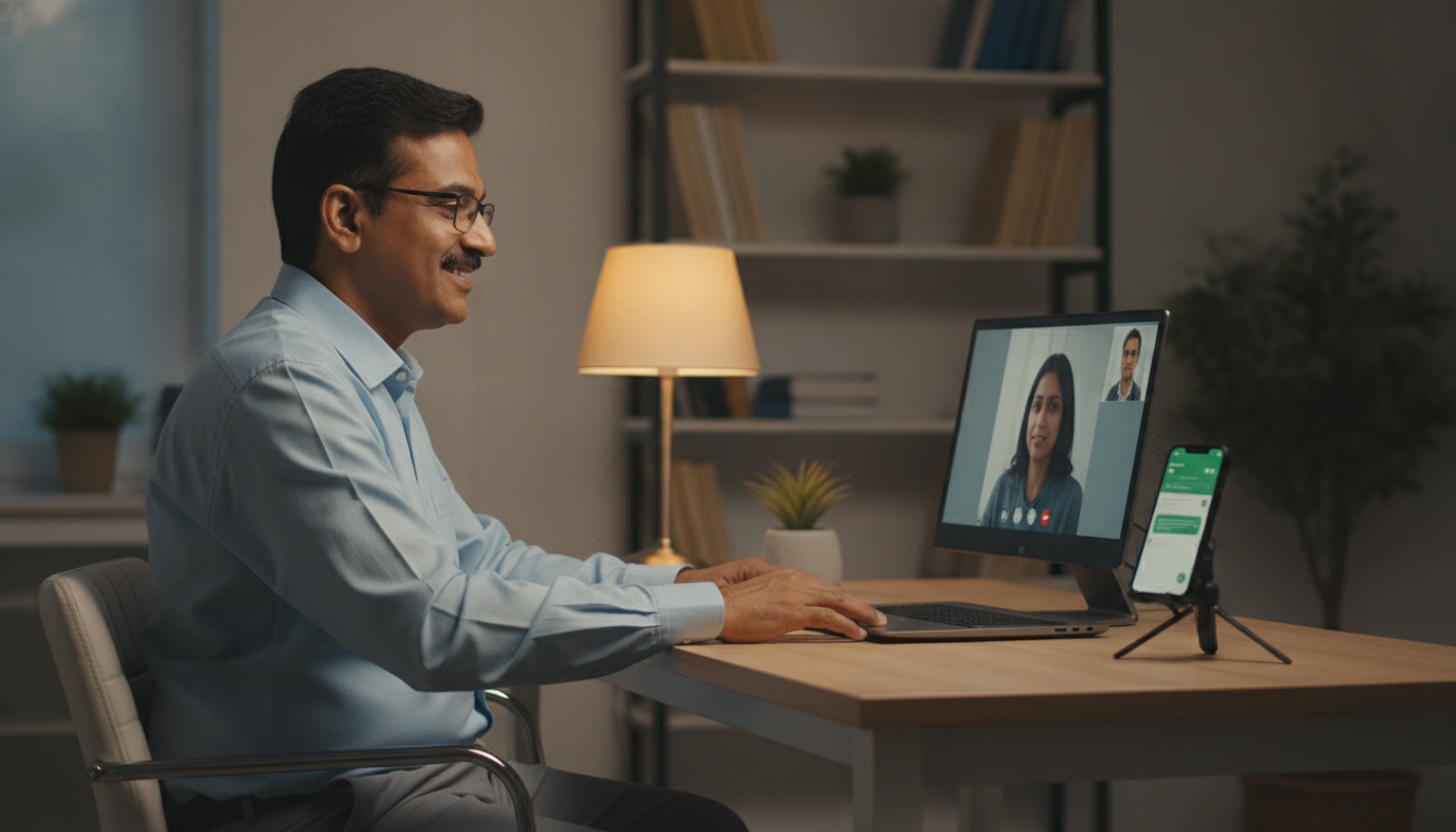 A doctor taking an evening video consultation from his home office