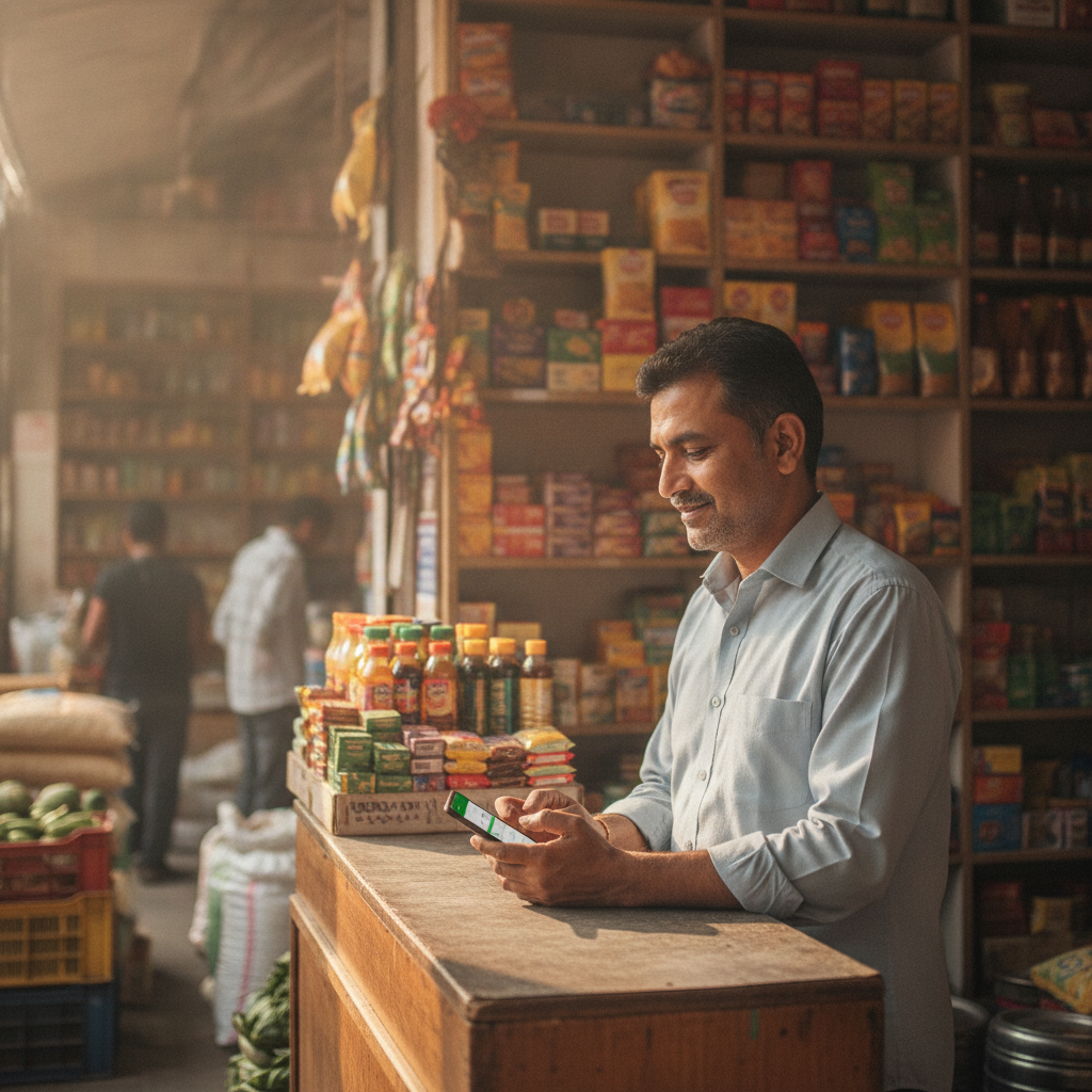 A kirana store owner taking WhatsApp orders on his phone at the counter