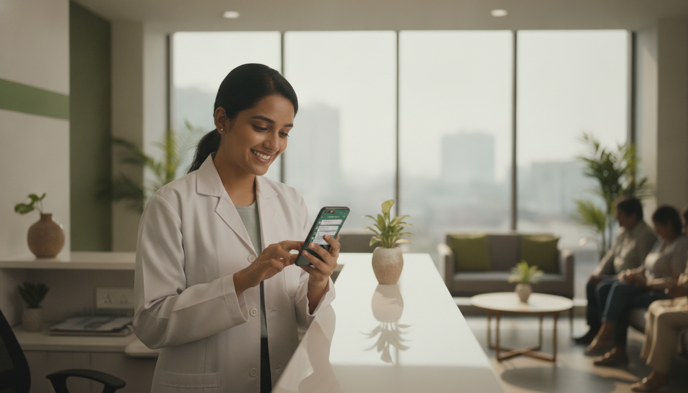 A doctor at her clinic reception confirming WhatsApp appointment bookings on her phone