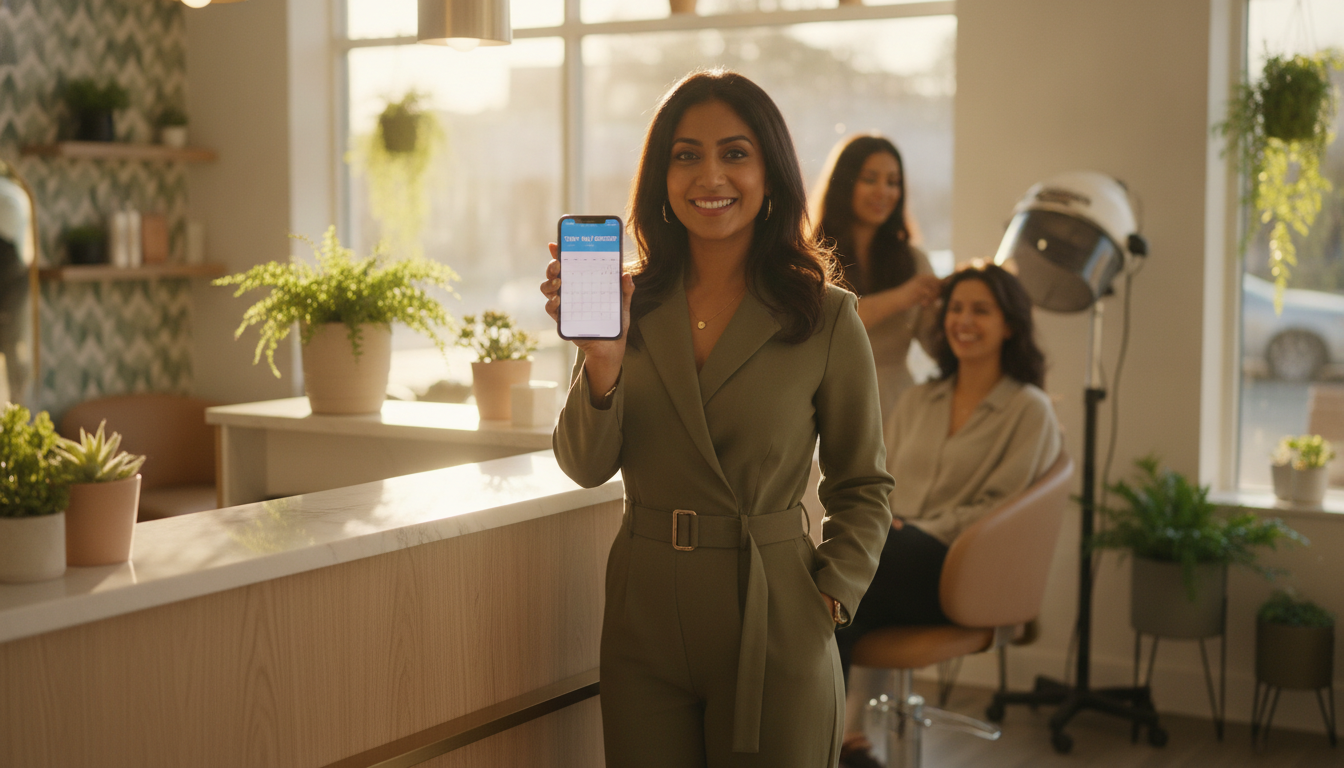 A salon owner showing her fully booked day schedule on her phone