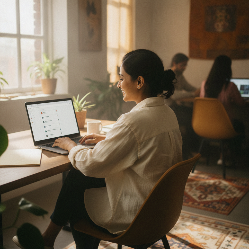 A support agent reading a customer chat inbox in English on a laptop