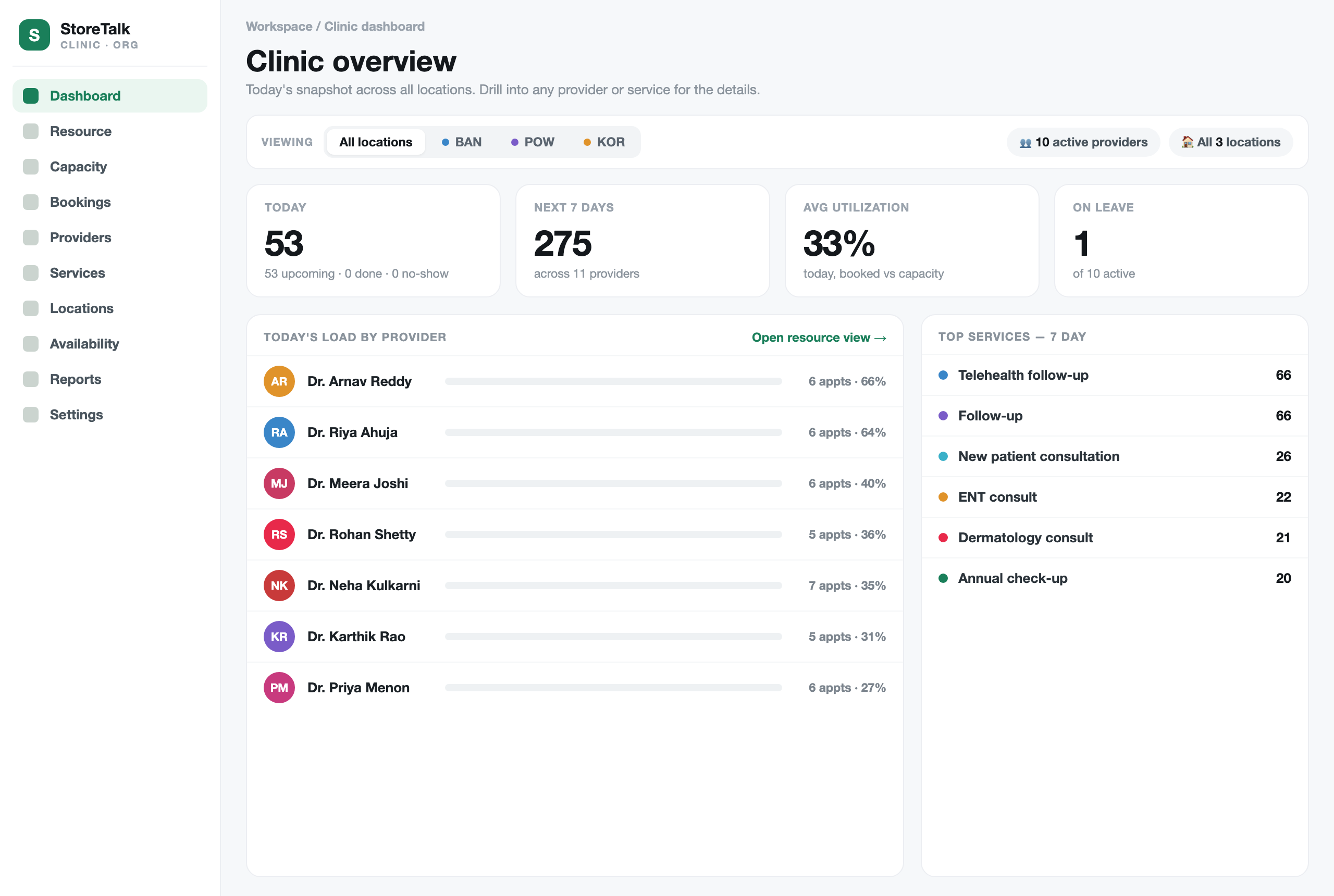 StoreTalk bookings — the clinic dashboard