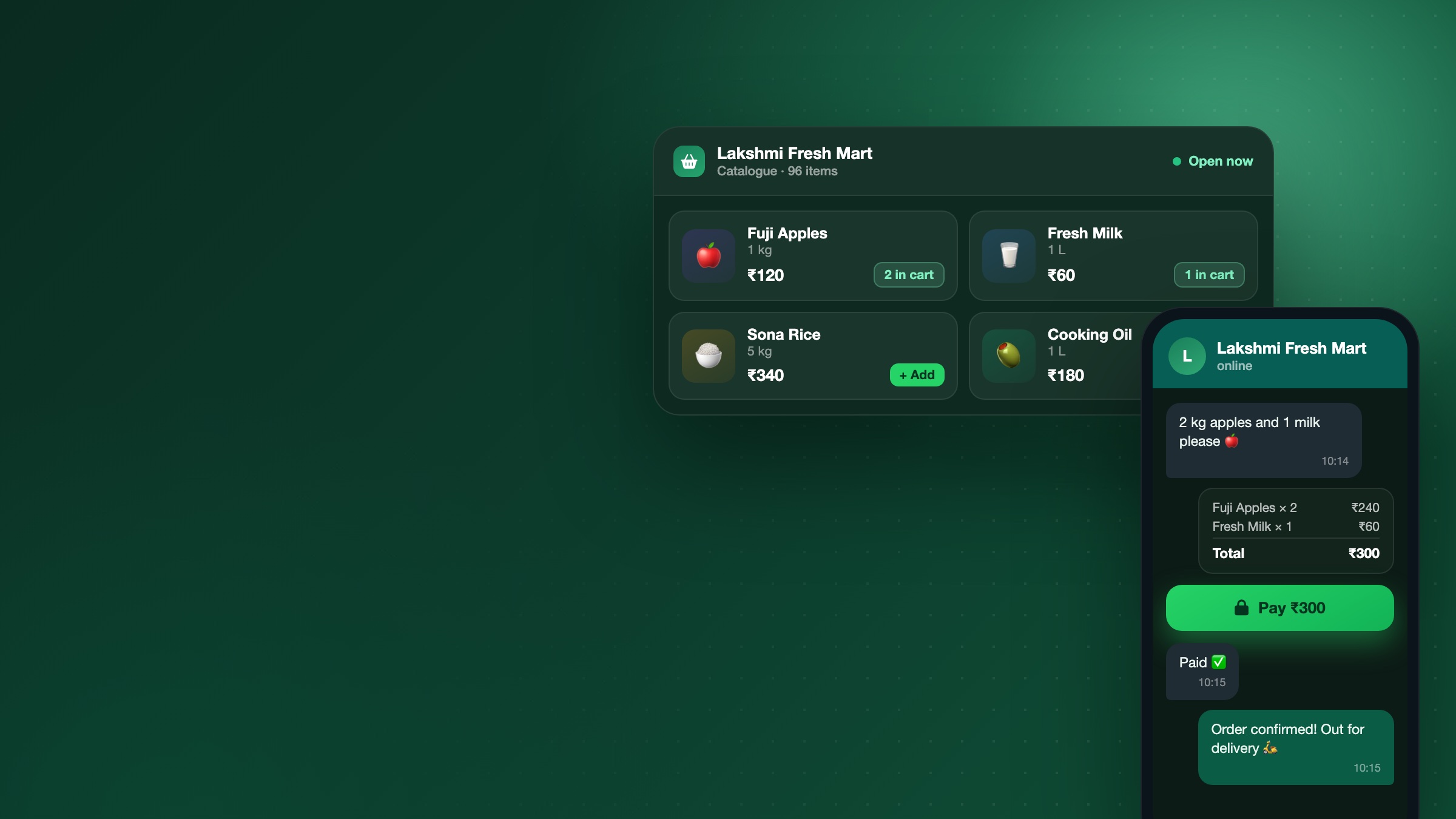 A WhatsApp storefront — browse a catalogue, order and pay right in the chat