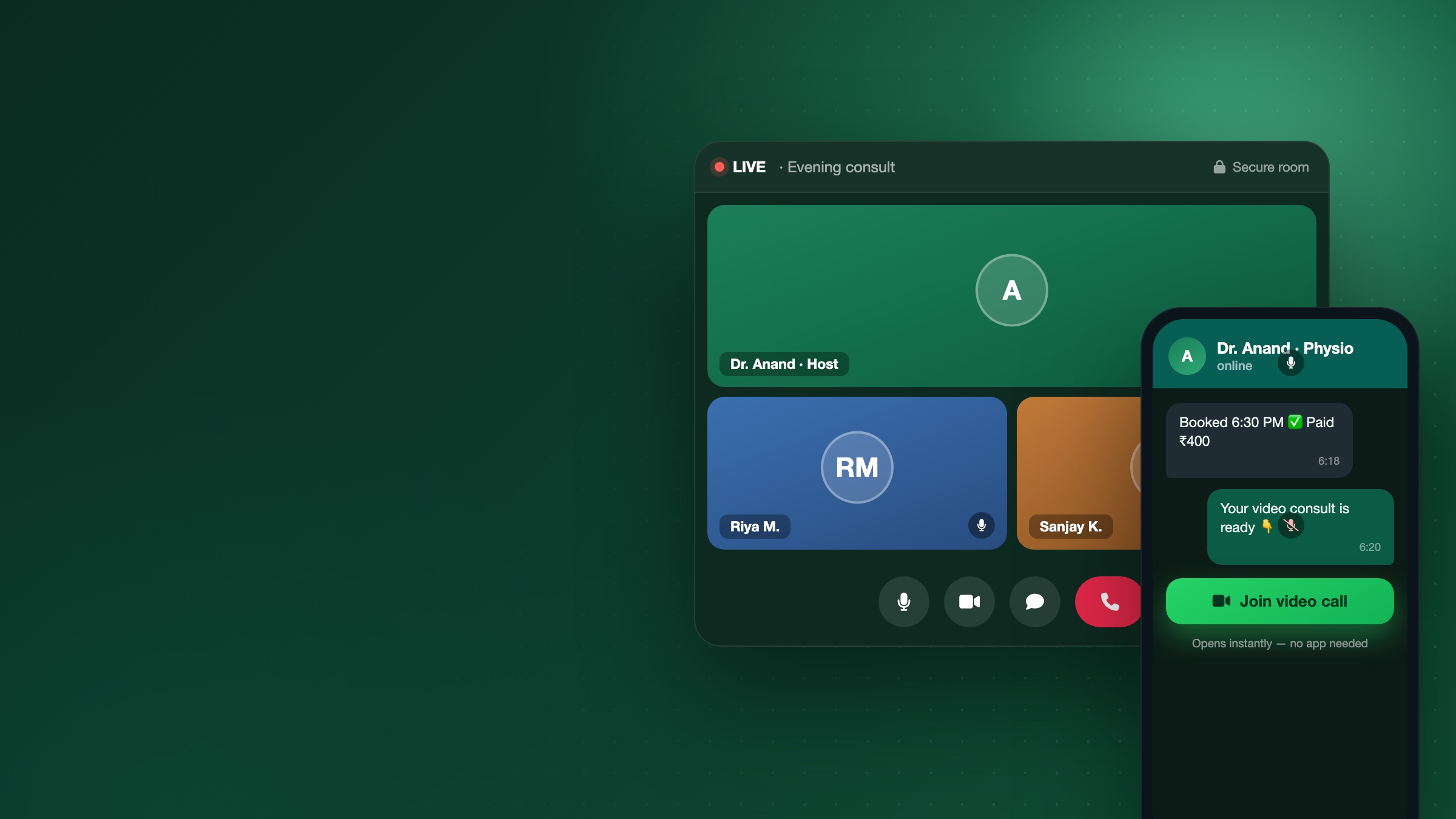 A WhatsApp booking becomes a live one-tap video call — no app needed