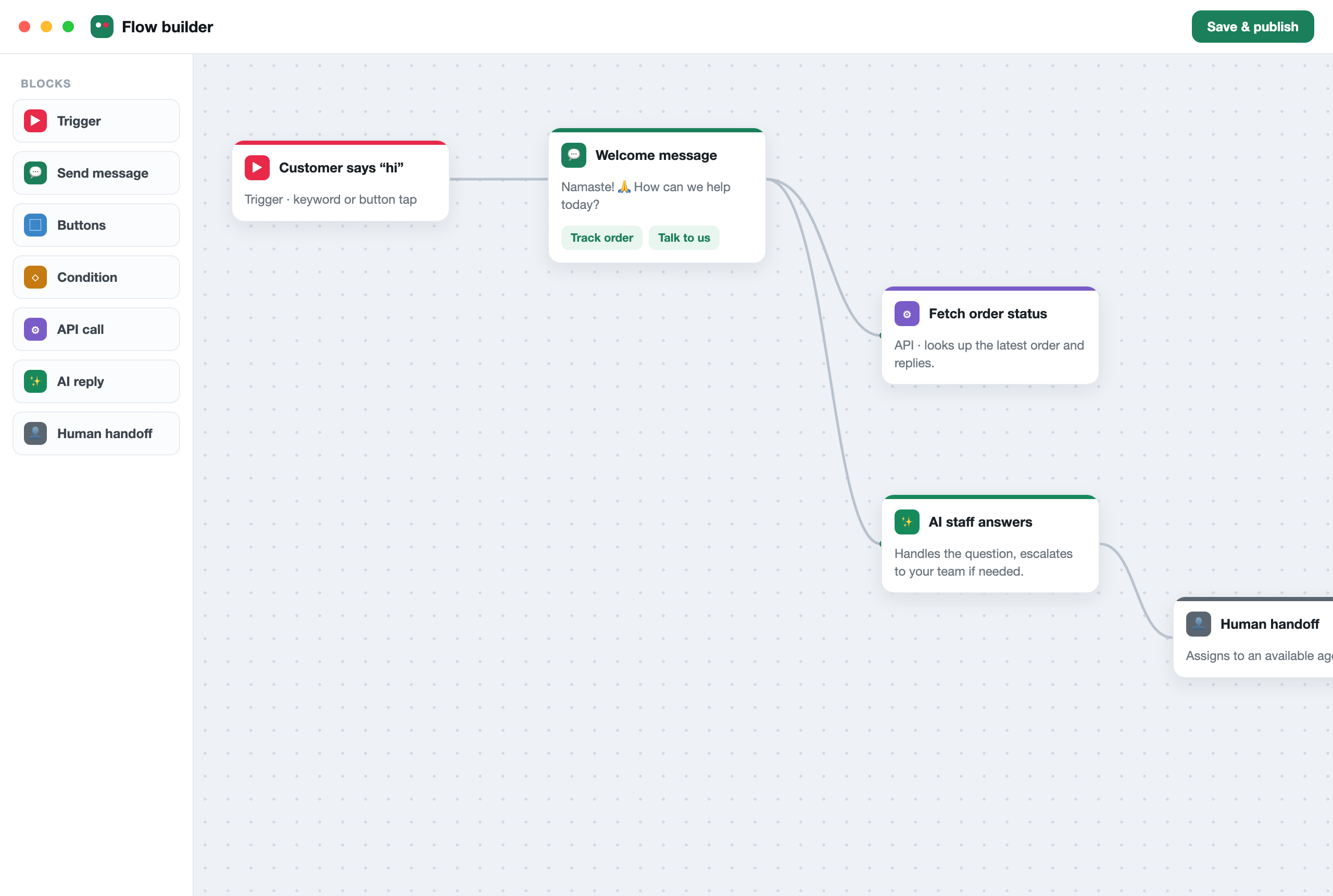 StoreTalk no-code flow builder — drag-and-drop WhatsApp automation