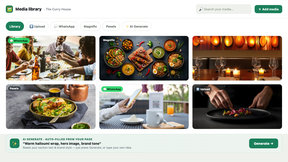 The StoreTalk shared media library with photos from WhatsApp, Magnific, Pexels and AI, plus a context-aware AI generate bar