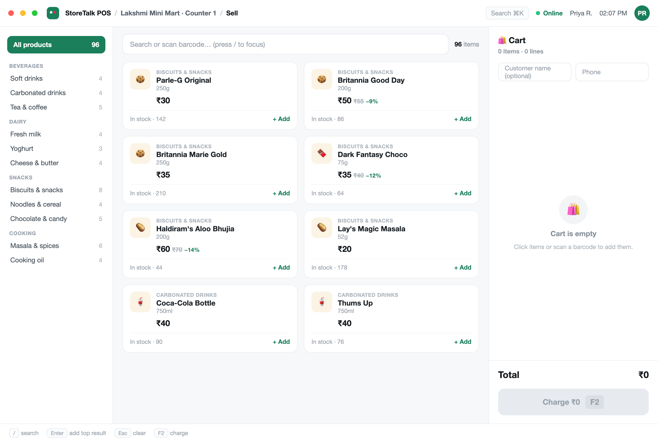 StoreTalk POS — a desktop sale screen for the shop counter