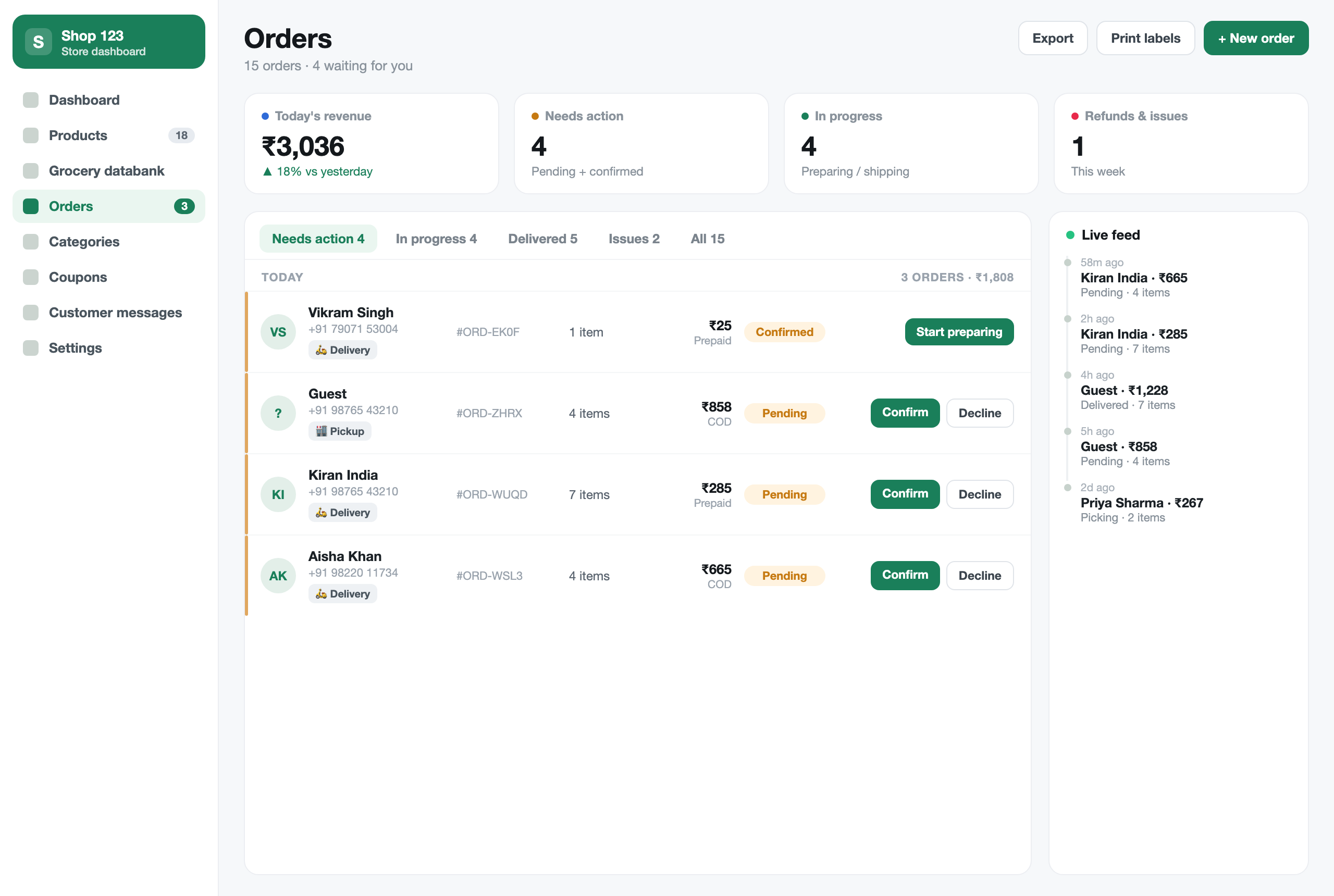 StoreTalk online store — the orders dashboard