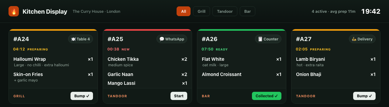 Kitchen Display screen showing order tickets by station with prep timers and bump buttons