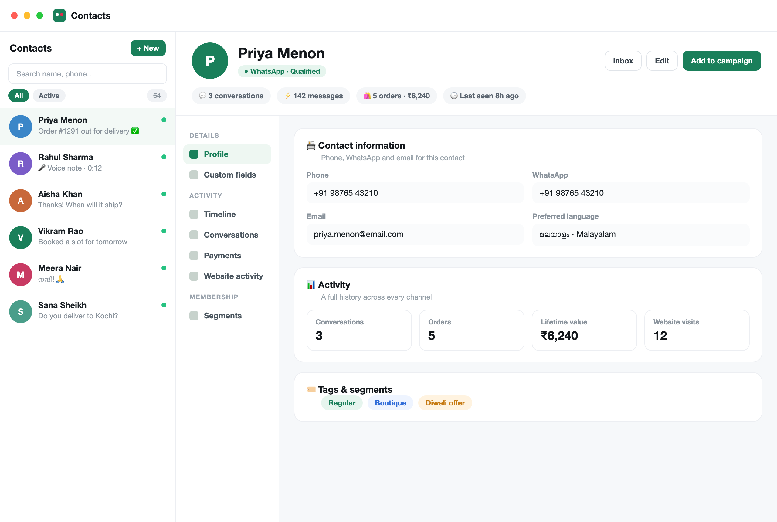 A StoreTalk contact profile — details, activity across channels, tags and segments