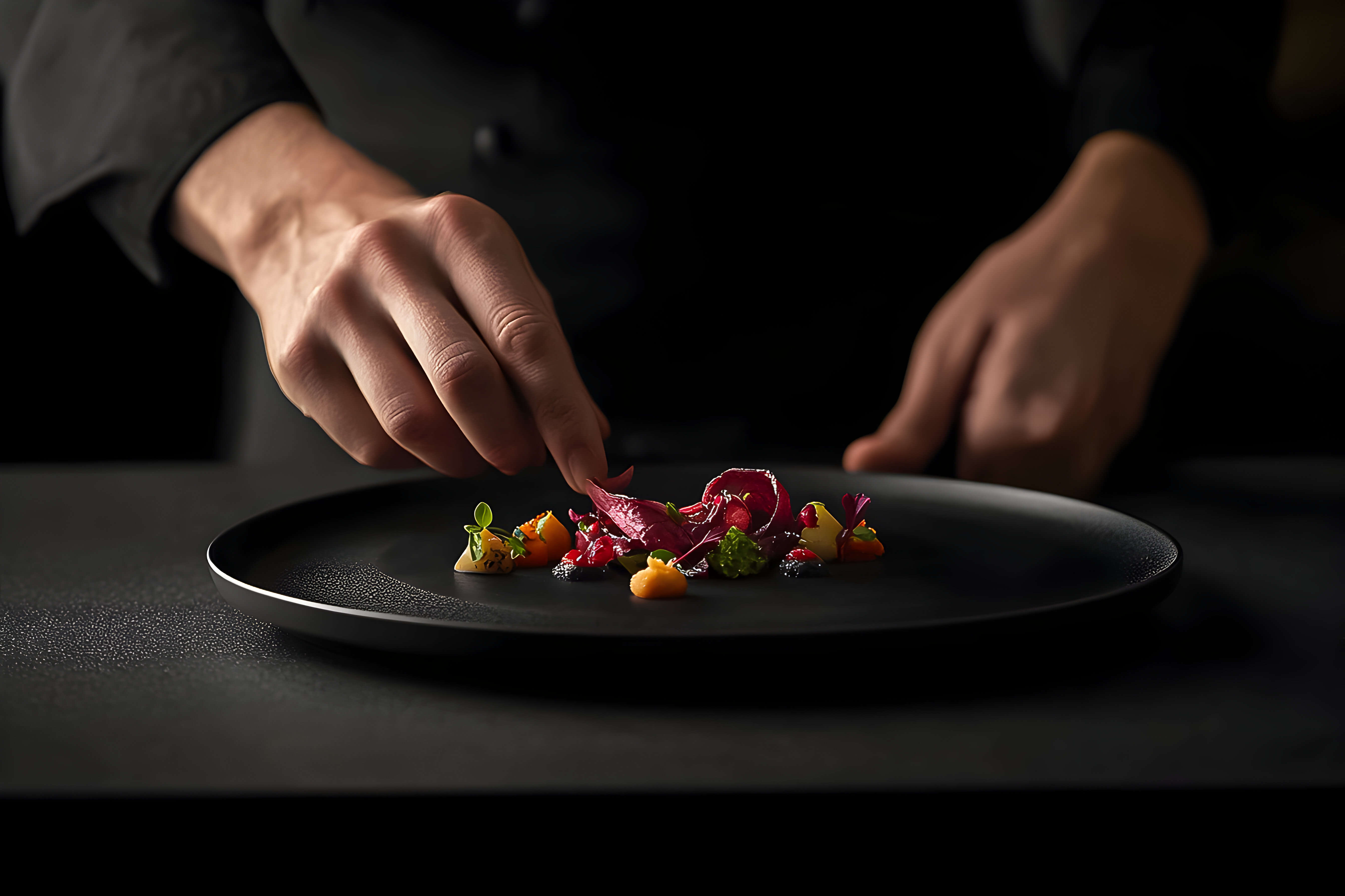 A chef plating a gourmet dish in a restaurant kitchen