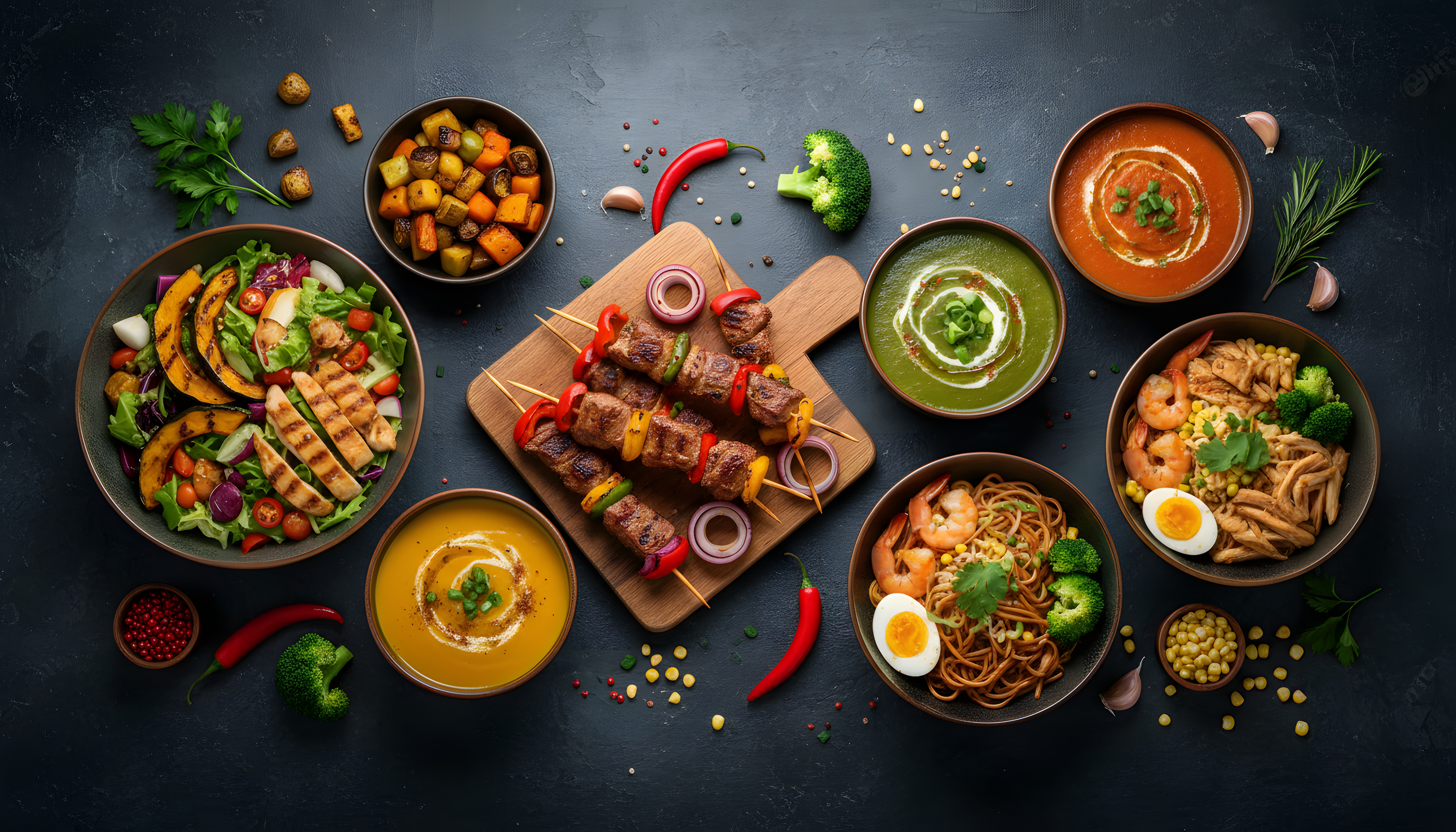 An overhead spread of colourful restaurant dishes