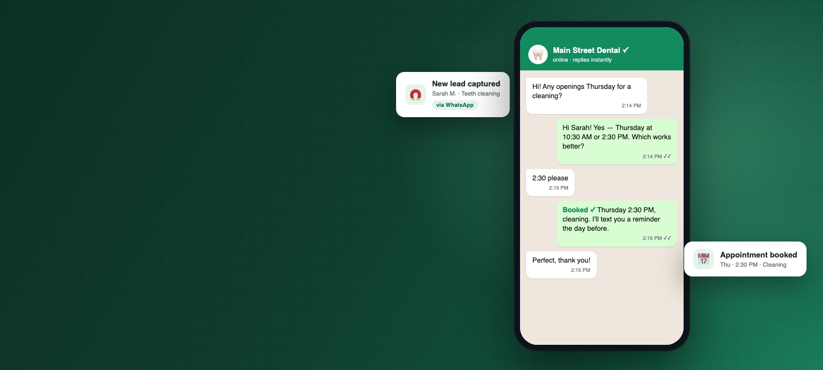 A WhatsApp chat where StoreTalk books a dental appointment, with a new-lead alert