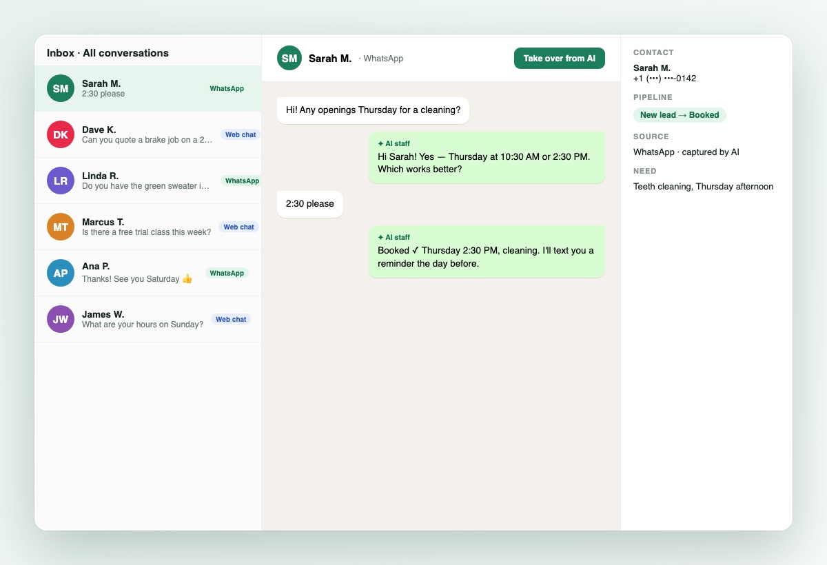The StoreTalk shared inbox showing a WhatsApp appointment booking handled by AI